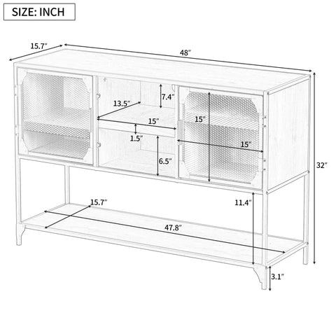 Dimensions of Rock Solid Industrial Buffet Sideboard Console Table With Rustic Farmhouse Barnwood Vibe And Heavy Metal Grid Doors.