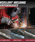 Welder using E7018 All Position Welding Rods Three Thirty Second Inch 10 Lb Low Hydrogen Carbon Steel Electrodes with smooth arc.