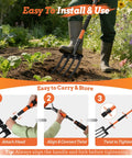 4-Tine Pitch Fork With Foot Step used in garden for soil loosening, ergonomic Y-handle and foot step shown, 43-inch lightweight tool demonstration