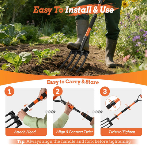 4-Tine Pitch Fork With Foot Step used in garden for soil loosening, ergonomic Y-handle and foot step shown, 43-inch lightweight tool demonstration