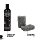 Griddle Top Restoration Kit Includes 8 Oz Griddle Top Restorer And Two Heavy Duty Scrub Pads For Quick Griddle Cleanup And Easy Maintenance On Griddle Plates Side Shelves Cookware And Tools. 8 oz bottle with two scrub pads