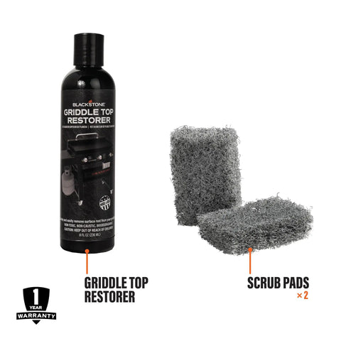 Griddle Top Restoration Kit Includes 8 Oz Griddle Top Restorer And Two Heavy Duty Scrub Pads For Quick Griddle Cleanup And Easy Maintenance On Griddle Plates Side Shelves Cookware And Tools. 8 oz bottle with two scrub pads