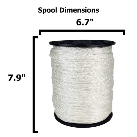 Three Sixteenth Inch Solid Braid Nylon Rope Five Hundred Foot Spool Dyeable Industrial Cord dimensions shown with spool
