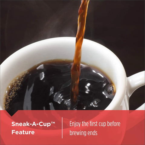Coffee pouring into a white cup showcasing Sneak-A-Cup feature, enjoy first cup before brewing ends.