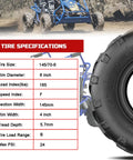 145/70-6 Mini Bike Tires Tubeless Replacement for Coleman CC100X CT100U KT196, tire next to specifications chart and go-kart