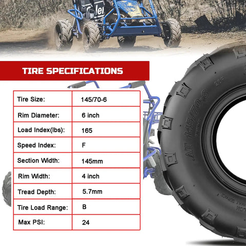 145/70-6 Mini Bike Tires Tubeless Replacement for Coleman CC100X CT100U KT196, tire next to specifications chart and go-kart
