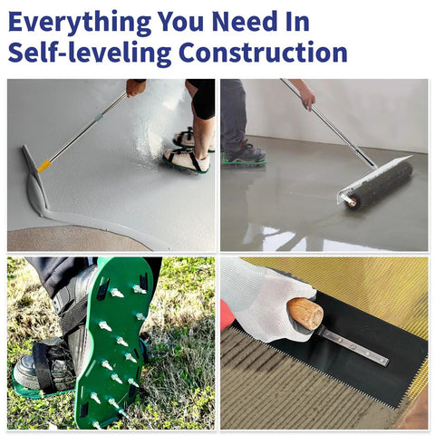 Pro Grade Self Leveling Concrete Tool Kit with spiked rollers and 6.6ft pole for epoxy floors and garage coatings in use