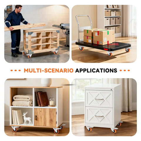 Heavy Duty Furniture And Workbench Casters Set Of Four Premium Polyurethane Wheels with dual locking brakes on various carts and furniture.