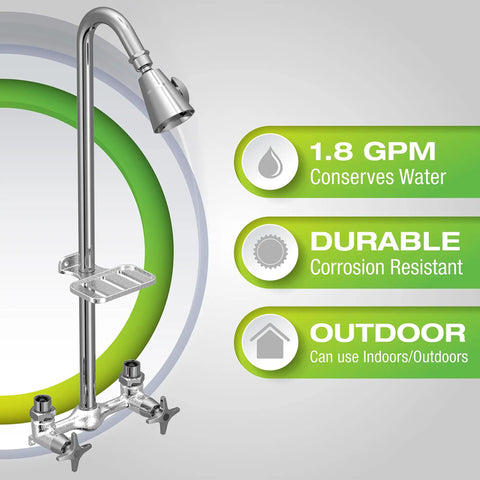 Outdoor Shower Kit With Soap Dish, Rust and Corrosion Resistant Brushed Nickel Finish, Dope For Poolside, Patio, Beach House Or Lake Cabin, Adjustable Spray Dial For Custom Shower, Built To Last Outdoor Bath Accessory with water-saving features.