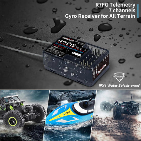 Image of R7FG 7 Channel Gyro Receiver 2.4GHz Telemetry Long Range for RC cars and boats, showing waterproof IPX4 design.