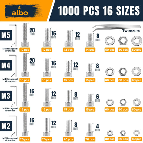 Rust Proof 304 Stainless Steel Metric Screw Kit M2 To M5 With 1000 Pieces Hex Socket Cap Screws Nuts Flat And Spring Washers