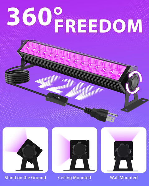 3 Pack 42W LED Black Light Bar Flood Lights with plug and switch, six foot cord, purple glow for 360° mounting options