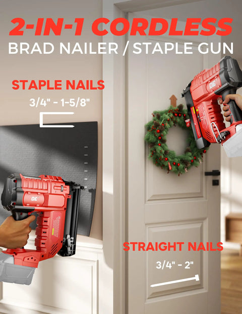 Built Tough 18 Gauge Cordless Brad Nailer And 2 In 1 Electric Stapler For Milwaukee 18V Batteries with staple and straight nail options.