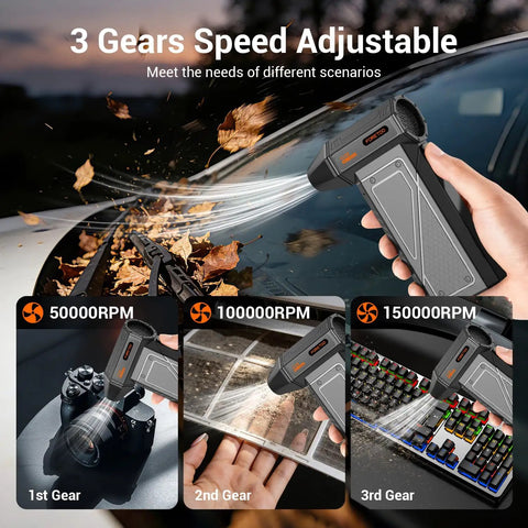 Beastly Turbo Cordless Air Duster 150000RPM Power with 3 speed options cleaning camera, blinds, and keyboard efficiently.