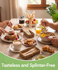 Real Deal Bamboo Forks Bulk Pack used at a breakfast table with pancakes and fruit, fully home compostable disposable cutlery.