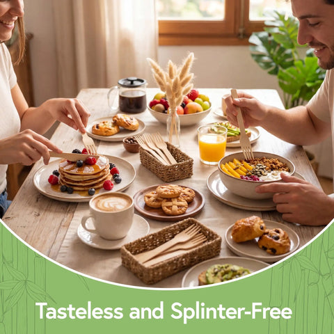 Real Deal Bamboo Forks Bulk Pack used at a breakfast table with pancakes and fruit, fully home compostable disposable cutlery.