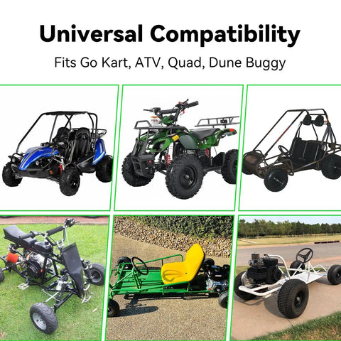 Collage of go karts, ATVs, and dune buggies showing universal fit compatibility