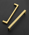 Solid Five Inch Square Cabinet Handles 10 Pack Brushed Brass Drawer Pulls for Kitchen Cabinets Hardware on black background.