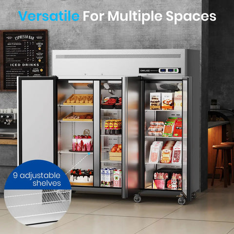 Solid Commercial Upright Freezer And Refrigerator Combo Fifty Four Cubic Feet Dual Zone Stainless Steel with 9 adjustable shelves