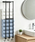 Super Sturdy Steel Towel Rack Wall Mount For Small Bathrooms, 3 Bar Rolled Towel Holder With A Solid Middle Rail next to a sink
