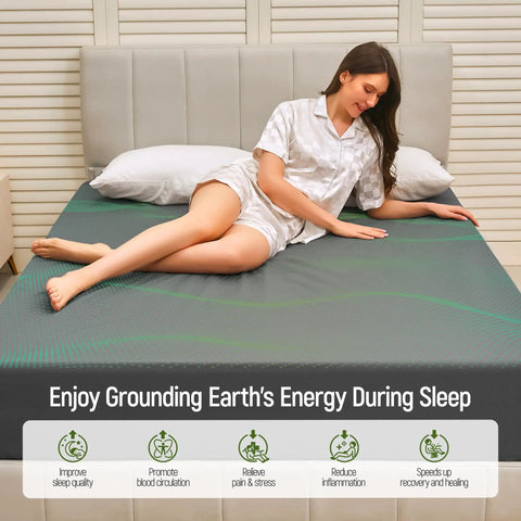 Woman relaxing on Grounding Sheets Queen Size With 10 Percent Silver Fiber And 90 Percent Organic Cotton Fitted Deep Pocket Kit.