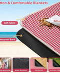 Picnic For Two With Table Lid Waterproof Blanket Insulated Cooler Bag shown on beach with cotton red checkered pattern and spill-proof surface.