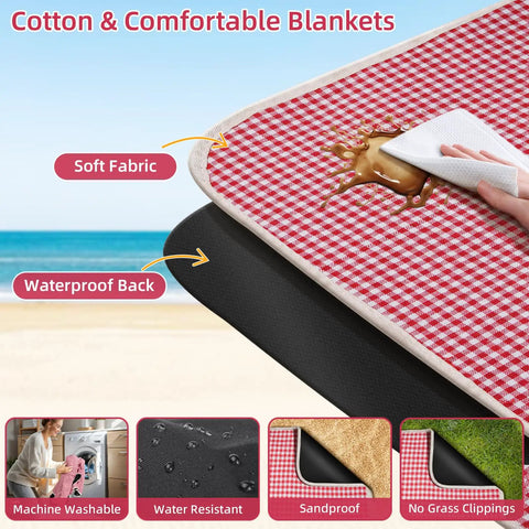 Picnic For Two With Table Lid Waterproof Blanket Insulated Cooler Bag shown on beach with cotton red checkered pattern and spill-proof surface.