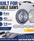 Top Shelf 8 Inch Stacked Dado Blade Set Packing 42 Razor Sharp Teeth And 24 Precision Shims For Standard Five Eight Inch Arbor Table Saws.
