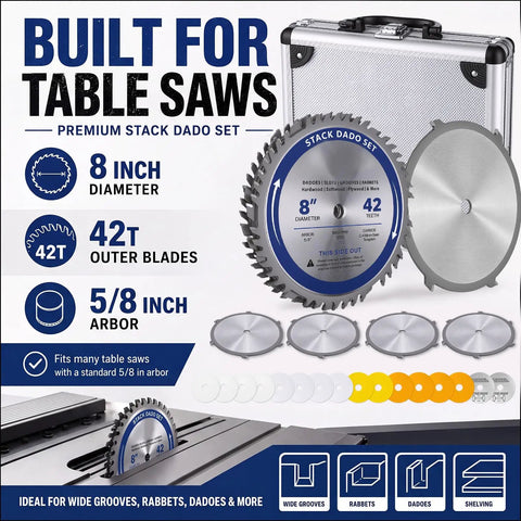 Top Shelf 8 Inch Stacked Dado Blade Set Packing 42 Razor Sharp Teeth And 24 Precision Shims For Standard Five Eight Inch Arbor Table Saws.