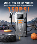 150 PSI air compressor with sports equipment and tire, featuring 5000A Beast Mode Jump Starter With Air Compressor For 12V Cars And Trucks