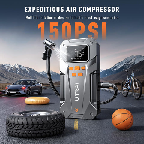 150 PSI air compressor with sports equipment and tire, featuring 5000A Beast Mode Jump Starter With Air Compressor For 12V Cars And Trucks