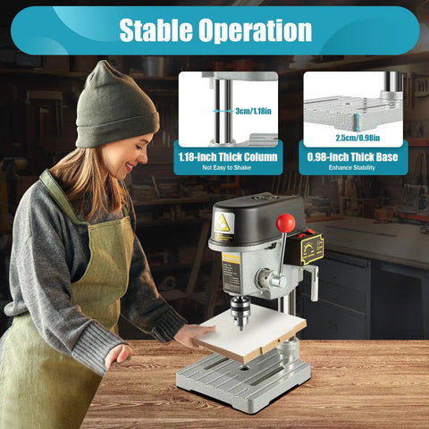Person using Portable Mini Drill Press For DIY Projects with 340W Power and three speed adjustable benchtop.