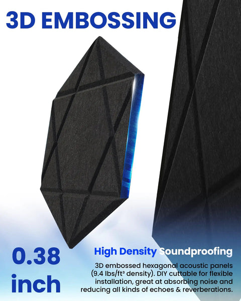 Kick The Echo To The Curb With Hexagon Acoustic Panels 12 Pack Self Adhesive Sound Proofing Foam Wall Tiles High Quality Polyester Fiber Noise Reduction Tiles For Room Treatment, close-up of black high-density 3D embossed panel.