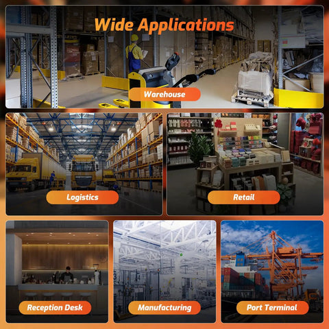 Collage displaying warehouse, logistics, retail, reception desk, manufacturing, and port terminal applications