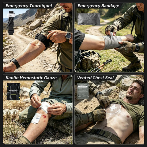 Emergency Trauma First Aid Kit With Tourniquet, Kaolin Hemostatic Gauze, Bandages, and Chest Seals in outdoor use