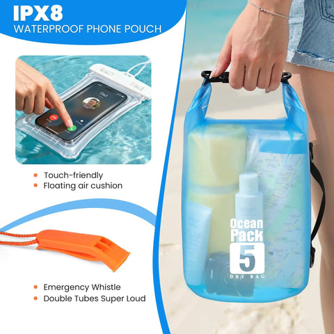 5L Waterproof Dry Bag for Kayaking and Beach Adventures Stay Dry on Any Splash with Lightweight Roll Top Dry Sack Phone Case Floating Pouch Emergency Whistle