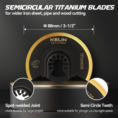 Heavy Duty Titanium Oscillating Tool Blades Kit With 88mm Semicircle Blades for sheet, pipe, and wood cutting displayed.