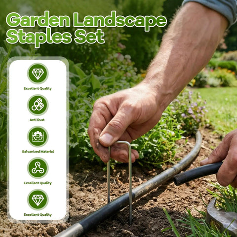 Heavy Duty 6 Inch Galvanized Landscape Staples Set With Gasket being used for securing irrigation tubing in garden