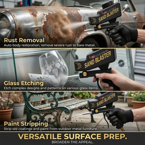 Portable Sand Blaster Gun Kit for rust removal on car, glass etching and paint stripping, gravity feed setup, compatible with 4 CFM at 90 PSI