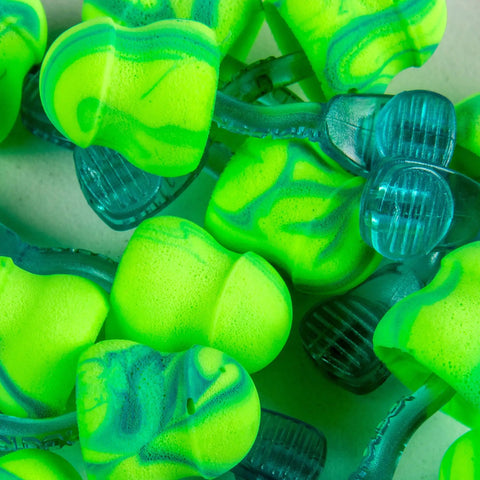 Close-up of Glide Soothers Earplug Dispenser Corded Foam Twist Push In Moisturized Earplugs NRR 31dB 6886 in high visibility colors.