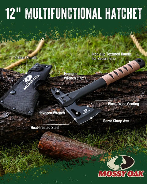 12 Inch Camping Axe And Survival Hatchet With Sheath For Rugged Outdoor Tasks Black Coated Blade on log with sheath