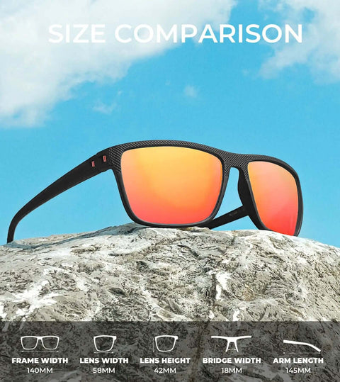 Polarized Sunglasses For Men With UV400 Protection, Lightweight And Durable, side view, red lenses on rocky surface with size info