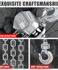 Front view of HUGOASIS mini lever hoist with G80 chain and 360° lifting hook in silver aluminum body.