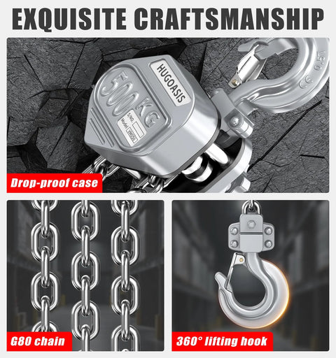 Front view of HUGOASIS mini lever hoist with G80 chain and 360° lifting hook in silver aluminum body.
