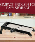 Gramercy adjustable mandoline slicer; black frame, 16-inch length; includes cut-resistant gloves and waffle fry cutter