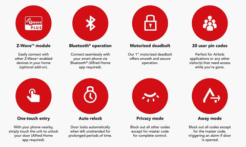 Icons and descriptions of features for Smart Door Lock Deadbolt With Touchscreen Keypad, Pin Codes And Key Entry, Bluetooth Remote Unlock, Up To 20 Access Codes, Gold Finish
