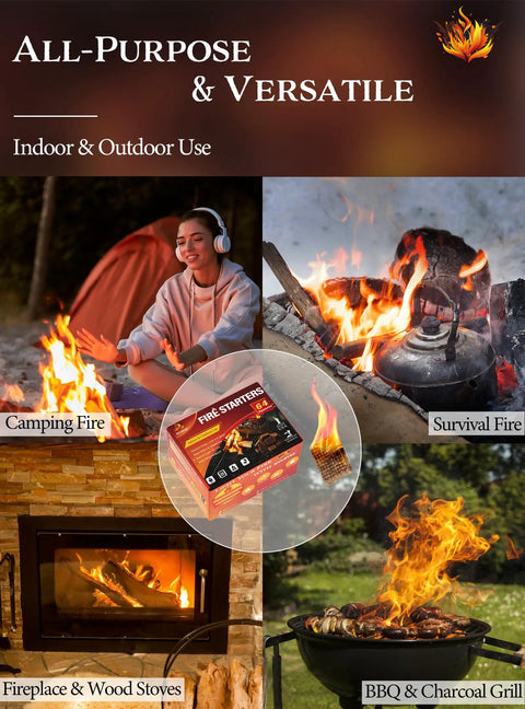 Easy Burn Fire Starter Squares For Wood Stoves No Mess Campfires Grills And Fireplaces Natural Waterproof BBQ Fire Starters 64 Mini Squares Quick Lighting For Backyard Campouts And Cozy Evenings displayed with wood stoves, campfires, survival fires, and BBQ grills.