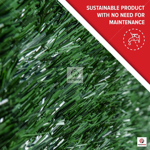Close-up of Heavy Duty Privacy Hedge Slats for Chain Link Fence showing dense green PVC pine needle design with maintenance text