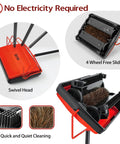 Manual Carpet Floor Sweeper With Tough Horsehair Rollers To Snag Pet Hair And Crumbs Plug Free Unit showing swivel head and four wheels.