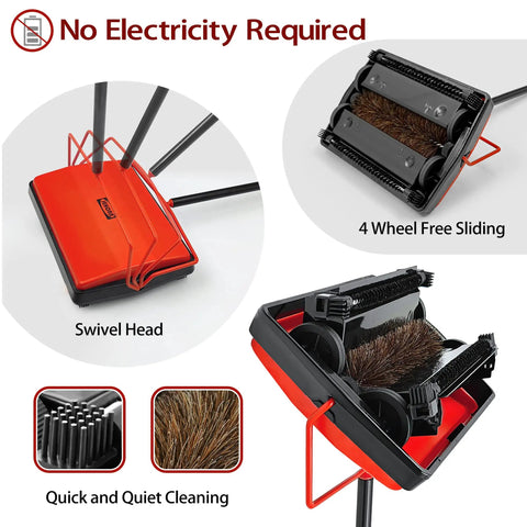 Manual Carpet Floor Sweeper With Tough Horsehair Rollers To Snag Pet Hair And Crumbs Plug Free Unit showing swivel head and four wheels.
